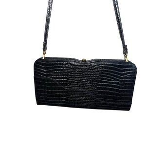 Bally Vintage Womens Clutch Bag Black Croc Embossed Leather Convertible